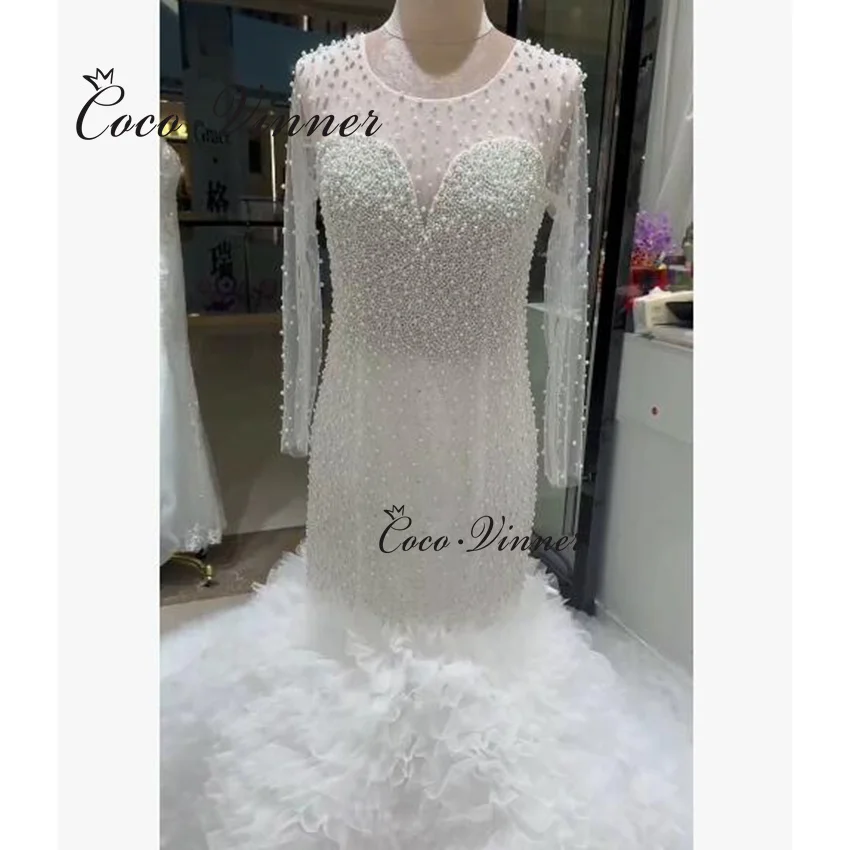 

Роскошные свадебные платья русалки с жемчугом и бисером по индивидуальному заказу с тюлевыми оборками и длинными рукавами, 2025, африканское свадебное платье для невесты WX0484