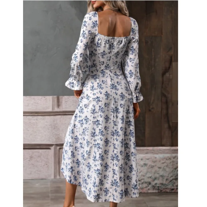 보헤미안 미디 드레스 여성용 스위트 스타일 긴팔 스퀘어 넥 벨트 플로럴 프린트 컷아웃 A라인 드레스