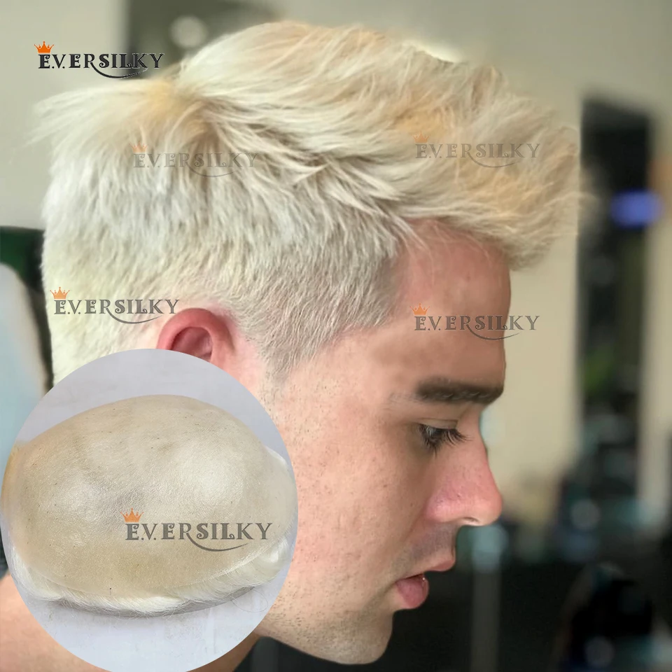 

# 613 60R # Белый платиновый серый мужской парик, прочный 0,06 мм, тонкая кожа, мужской парик блондинки с эффектом омбре, натуральный шиньон, система человеческих волос Vloop