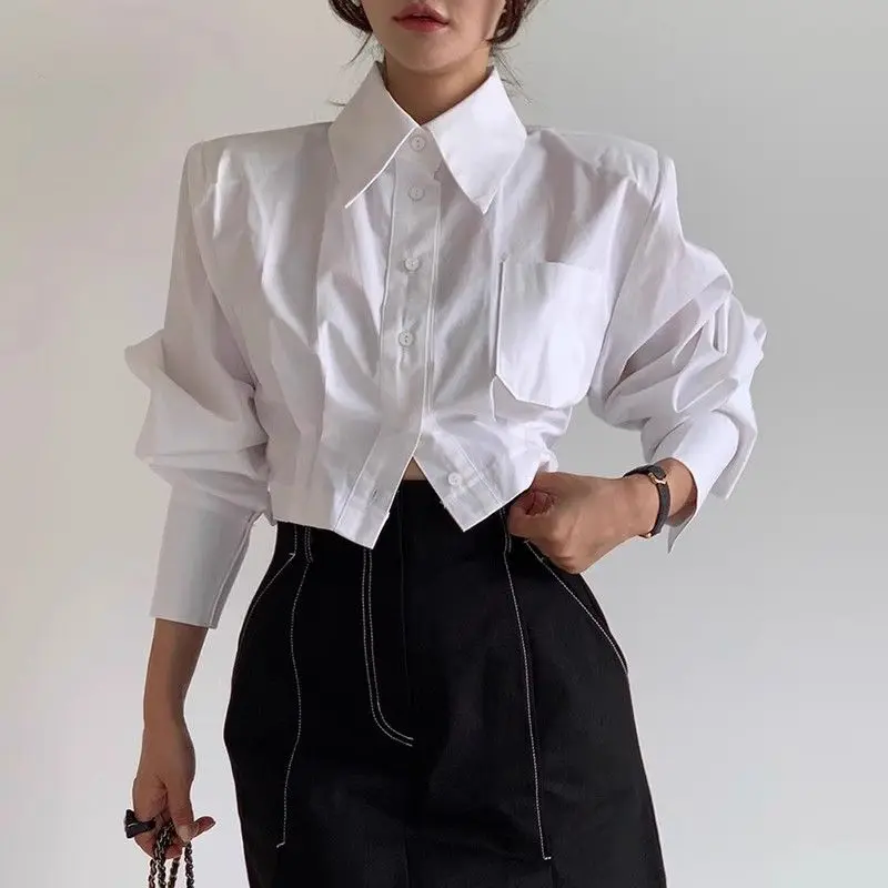 Autumn Niche Design Sense Lapel Back Hollow Strap Buckle Loose and Versatile Short Shirt for Women