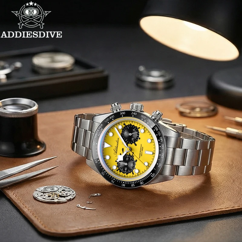 

ADDIESDIVE VK64 Chronograph Watches Men's 40mm Quartz Watch BGW9 Luminous 100m Waterproof Ceramic Bezel Bubble Glass Wristwatch