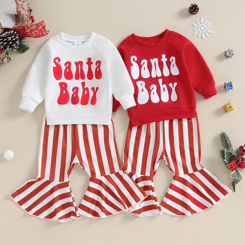 

2023-10-06 Lioraitiin 3M-3Y Toddler Baby Girl Christmas Outfits Santa Baby Sweatshirt Long Sleeve Tops Striped Flare Pants Set