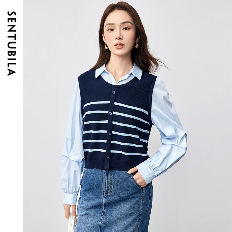 SENTUBILA Patchwork 2 in 1 Women Blouse 2025 Spring Fashion Spliced Striped Folds Drop Sleeve Chic Shirts & Blouses W51C58818