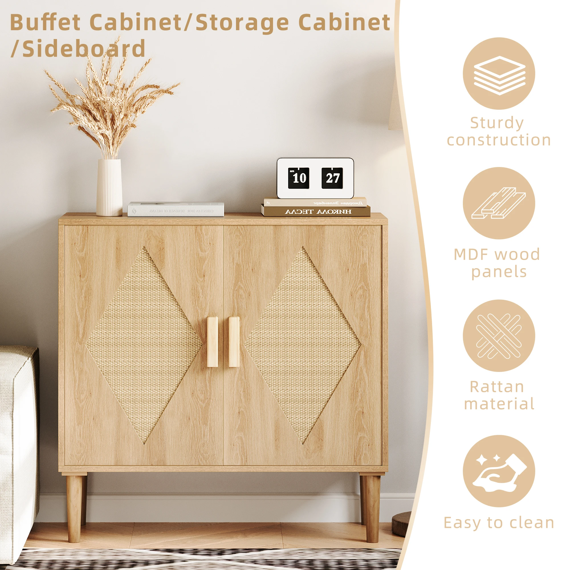 Boho Rattan 2-Door Storage Cabinet Credenza, 31.5