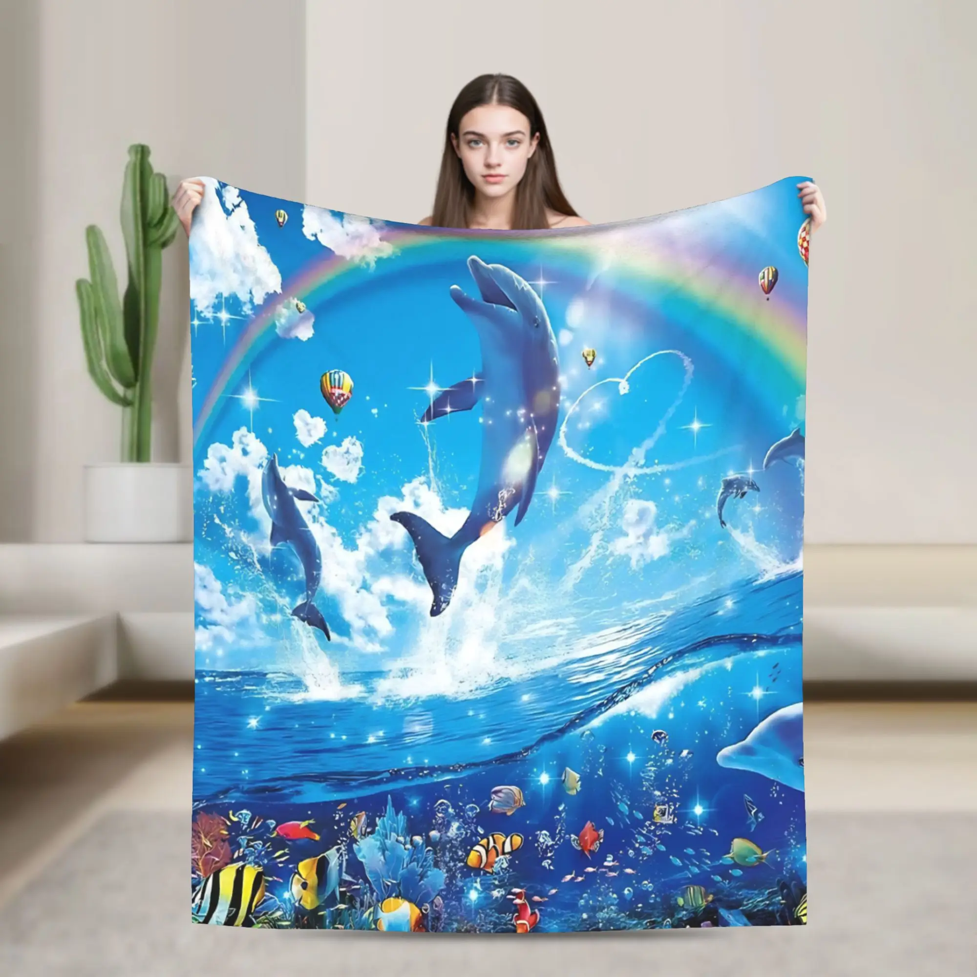Symphony Dolphins Frutiger Aero Blanket  Flannel Novelty Warm Throw Blanket for Chair Covering Sofa Textile Decor
