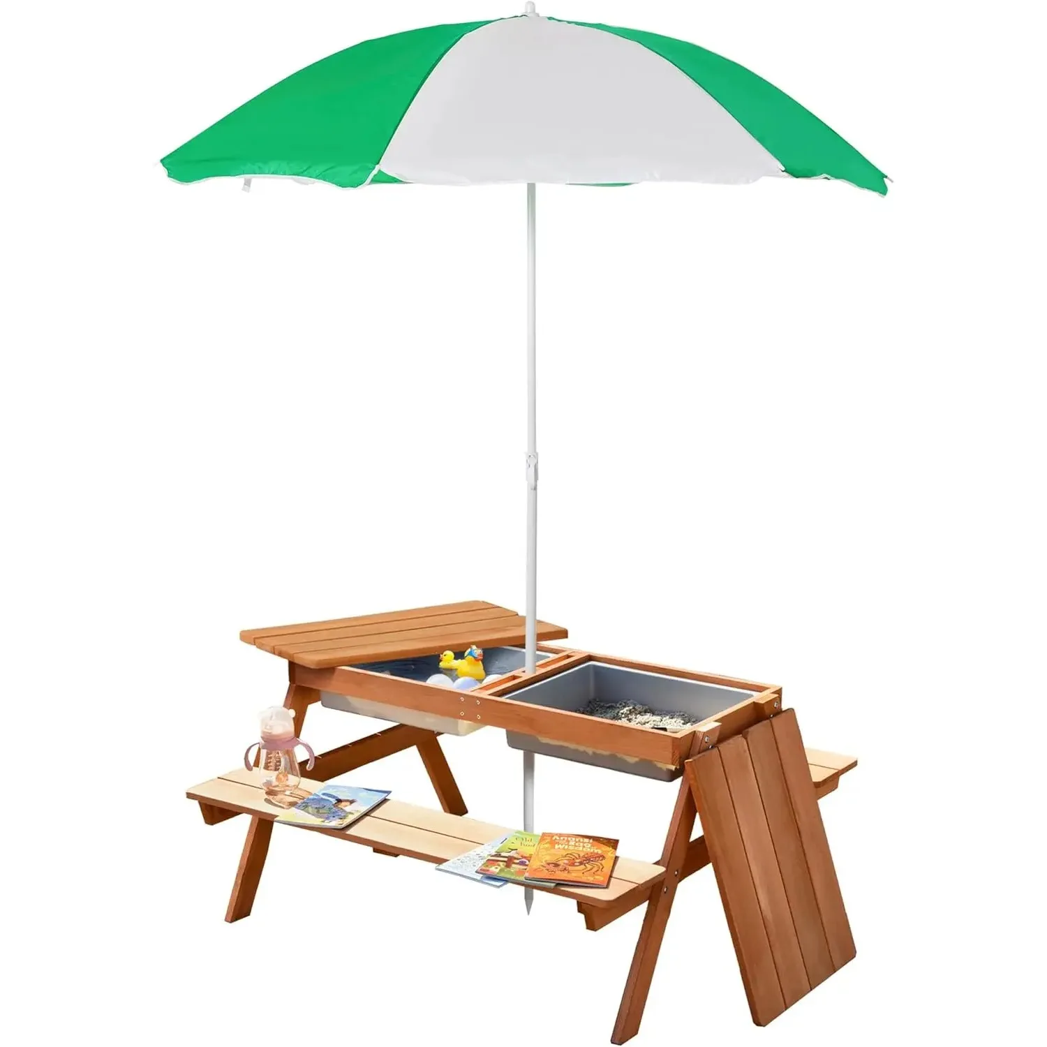 Kids Picnic Table with Umbrella & Storage Inside, Sand and Water Table, Kids Outdoor Furniture, Wooden Bench Backyard Furniture