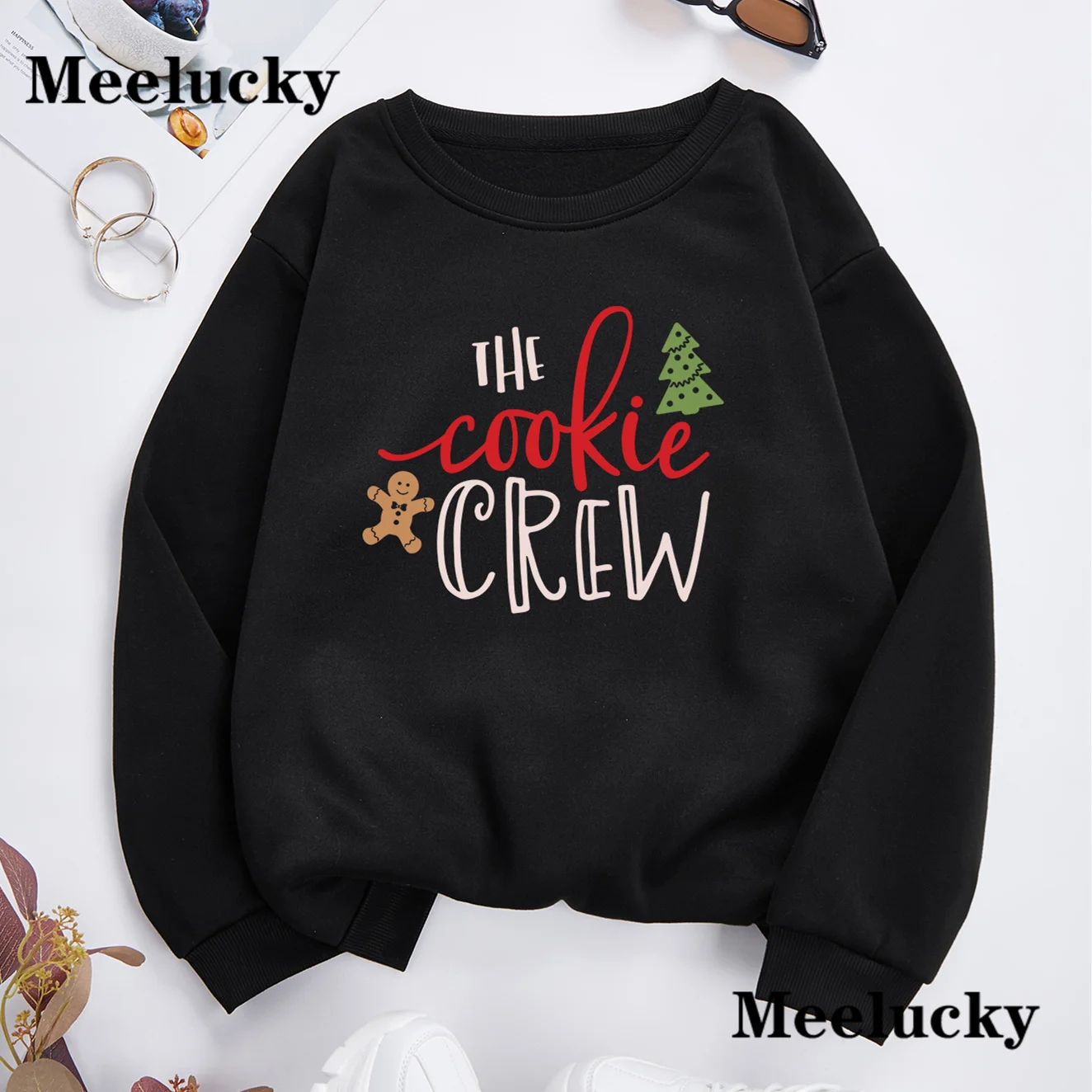 Cookie Baking Crew Festive Christmas Tree Print Women's Fashionable Long-Sleeve Top Merry Christmas Soft Comfortable Fabric