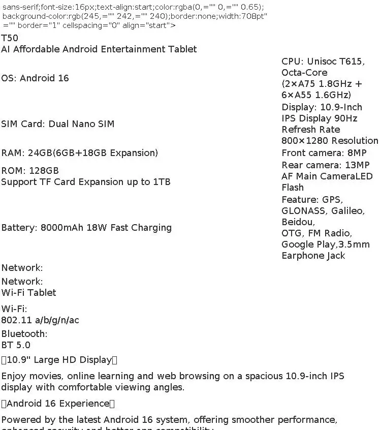KINGRID T50 Android 16 Tablet PC 10.9 Inch HD IPS Display Octa-Core Unisoc T615 24GB (6+18) RAM 128GB ROM 8000mAh Battery Dual Band 5G WiFi Bluetooth 5.0 GPS Google Play OTG Type-C Tablet for Online Learning Gaming Video Streaming Office Entertainment