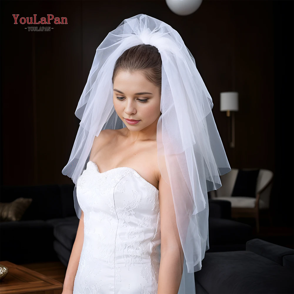 YouLaPan V27 Romantic Wedding Veil 4 Tier Minimalist Bride Veils with Blusher long Bridal Veil for the Bride Khimar 3 Voile