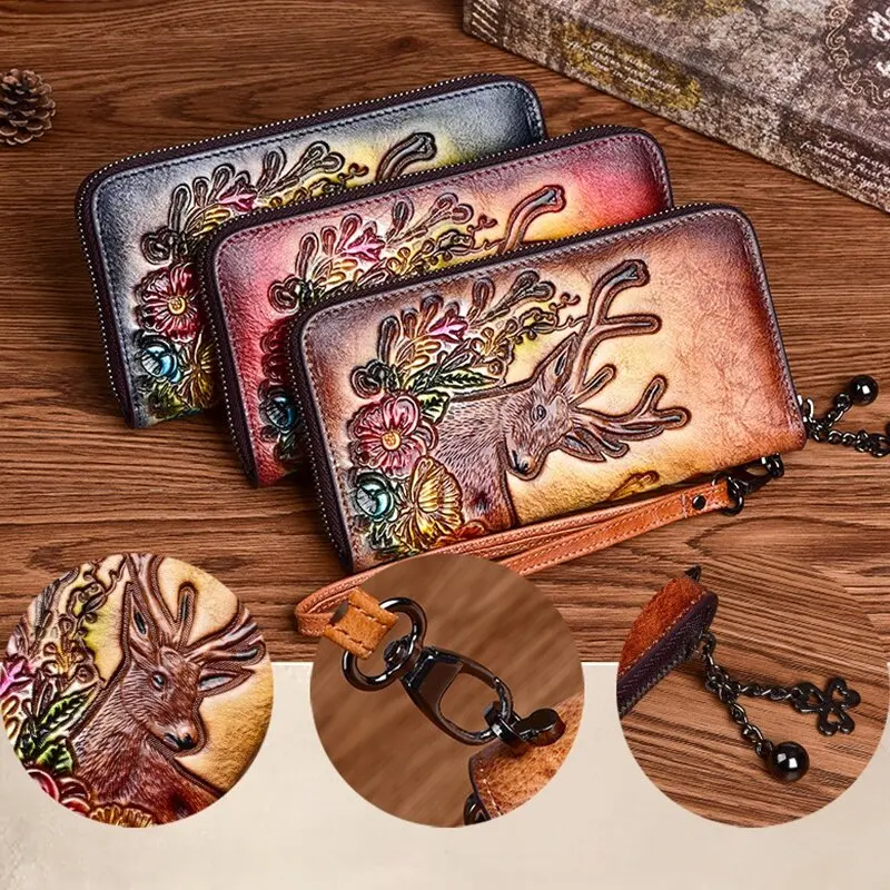 Vintage Women Long Zippe Wallets Deer Pattern Clutch Bag Genuine Leather Handmade Embossing Ladies Wallet Woman Purse