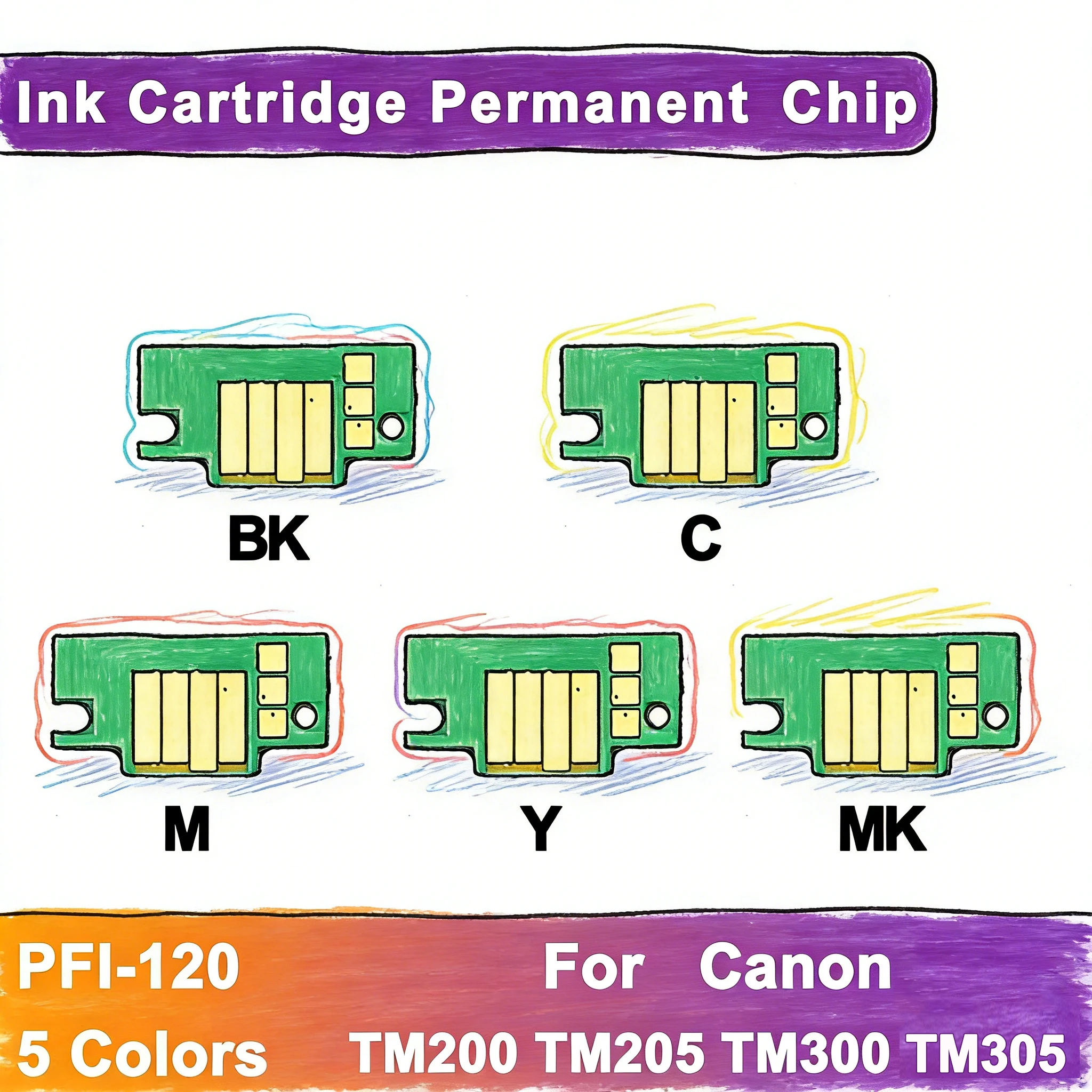 Juego de chips de cartucho de tinta permanente PFI-120 de 5 colores, 130ml, para impresoras Canon TM200 TM205 TM300 TM305, accesorios de impresora PBK C M Y MK