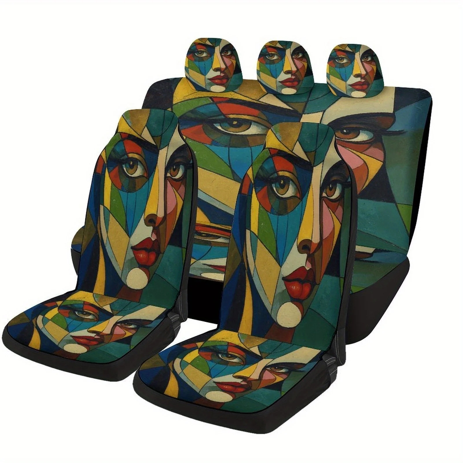 Colorful Face Portrait Designed Car Seat Covers Set For Most Cars, Trendy Novelty Decorative Car Seat Protector Covers Full Set,