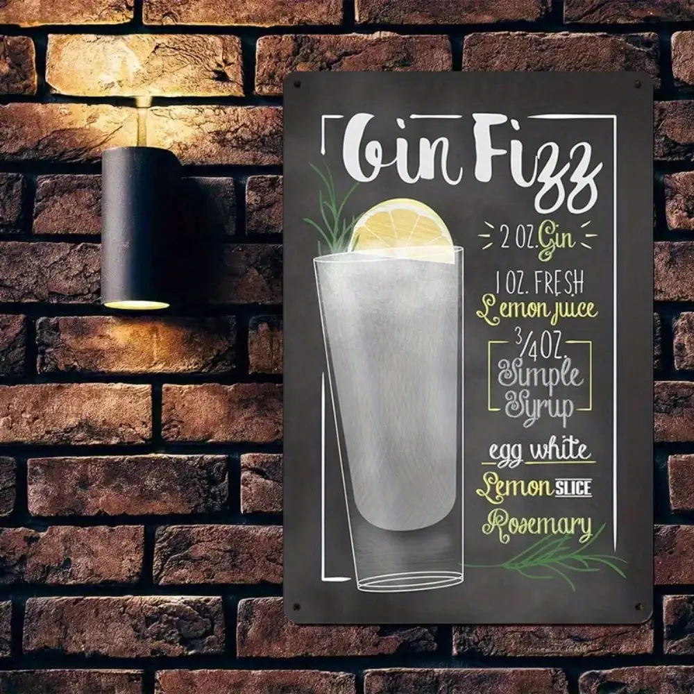 

1PC Tin Sign Gin Fizz Cocktail - Hand-Drawn Recipe/Bar Decor, Vintage Home Bar/Parties, 8x12in/20x30cm