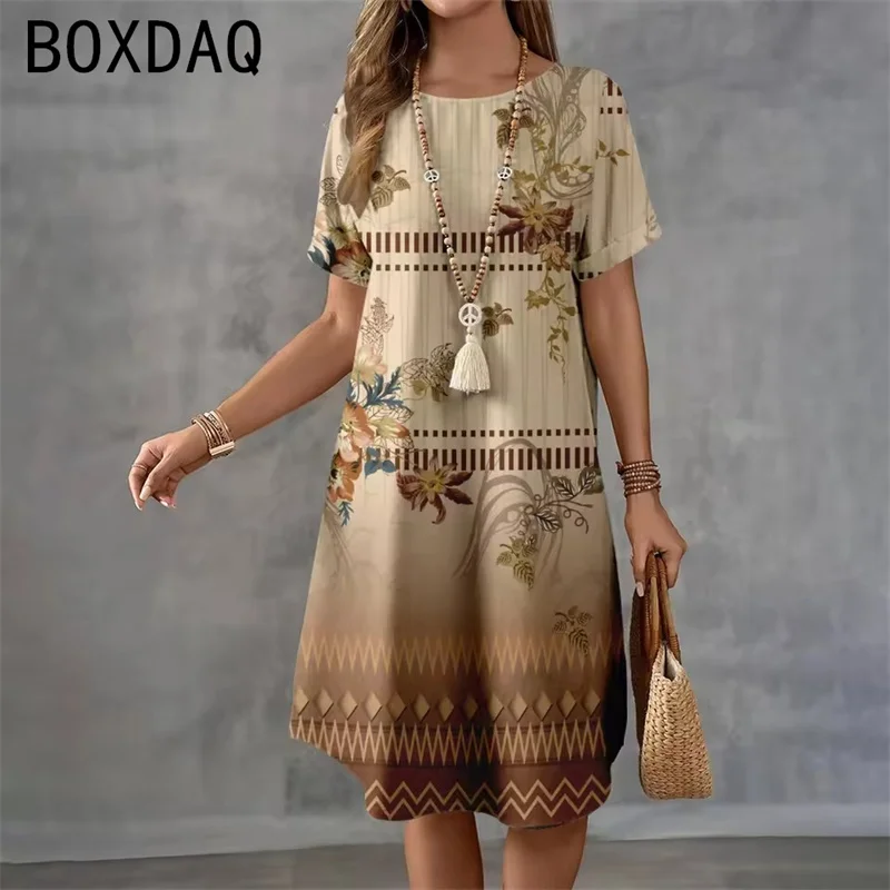 2025 Summer New Women's Dress Vintage Tribal Ethnic Pattern Print Dress Elegant O-neck Short Sleeve A-Line Dress Ladies Vestidos