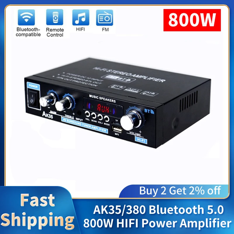 AK35 Digital Audio Amplifier Max 800W Bluetooth 5.0 HiFi FM Auto Music Subwoofer Speakers Bass Audio Power Amplifier AK380 AK170