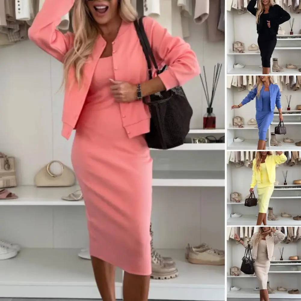 Set cardigan a vita alta con gonna all'americana, abito maxi elegante con set cardigan a vita alta per donna, tinta unita, estivo per A