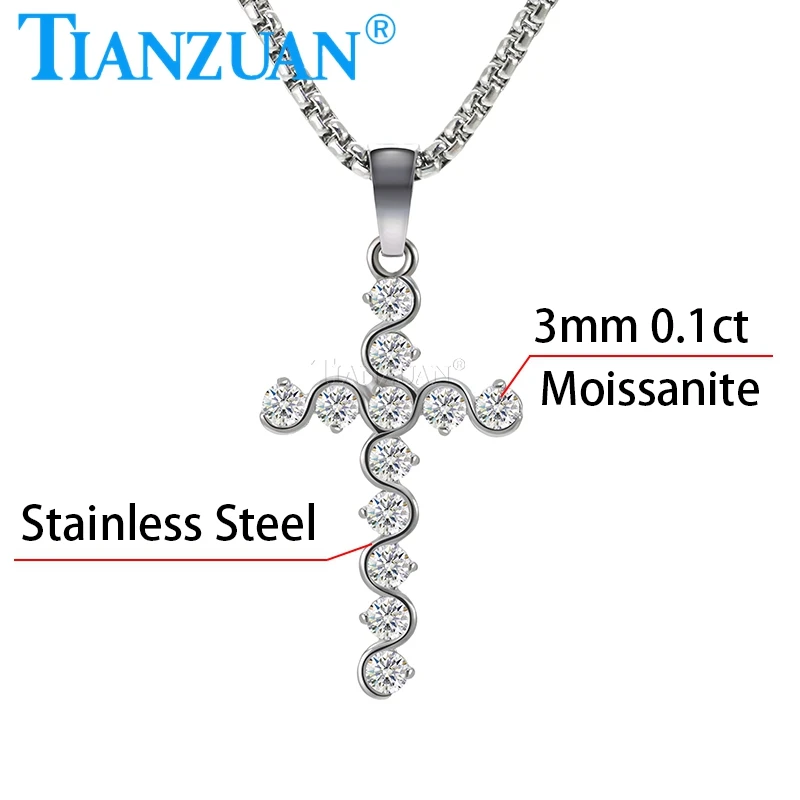 Trendy Fashion Stainless Steel  Cross Pendant Necklace 3mm Round Shape Moissanite for Women Party Gifts