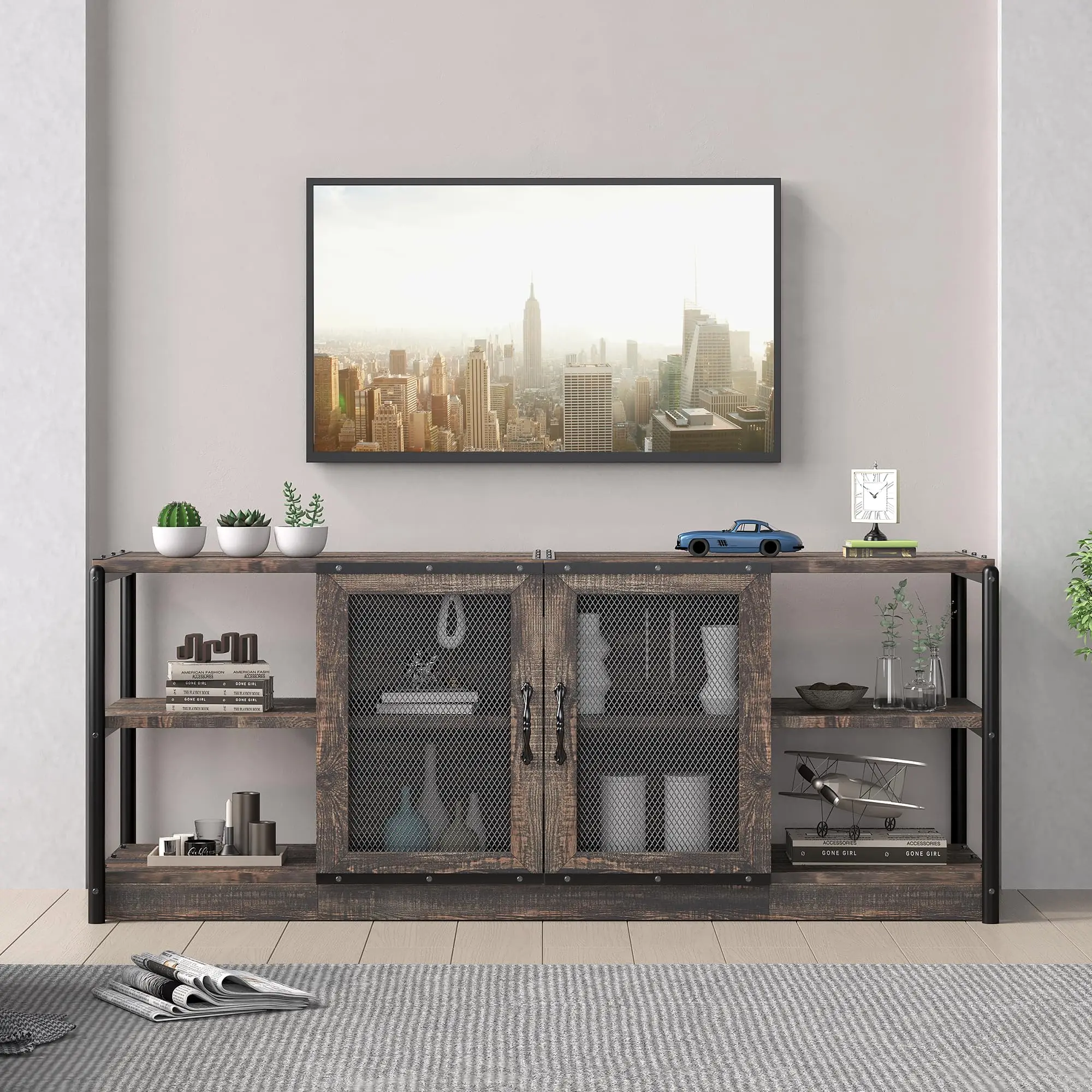 

Farmhouse TV Stand For 65+ Inch TVs, Multifunctional TV bench With Storage Shelves & Mesh Doors, For Living Room