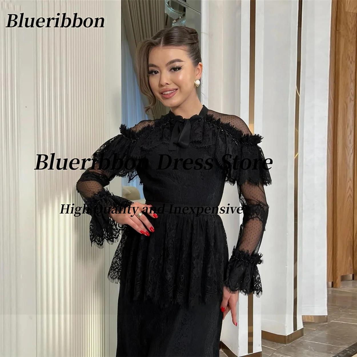 Blueribbon vestido de noite o-pescoço grânulo mangas compridas vestido de baile com zíper nas costas فساتuden لات ха14] Personalizado