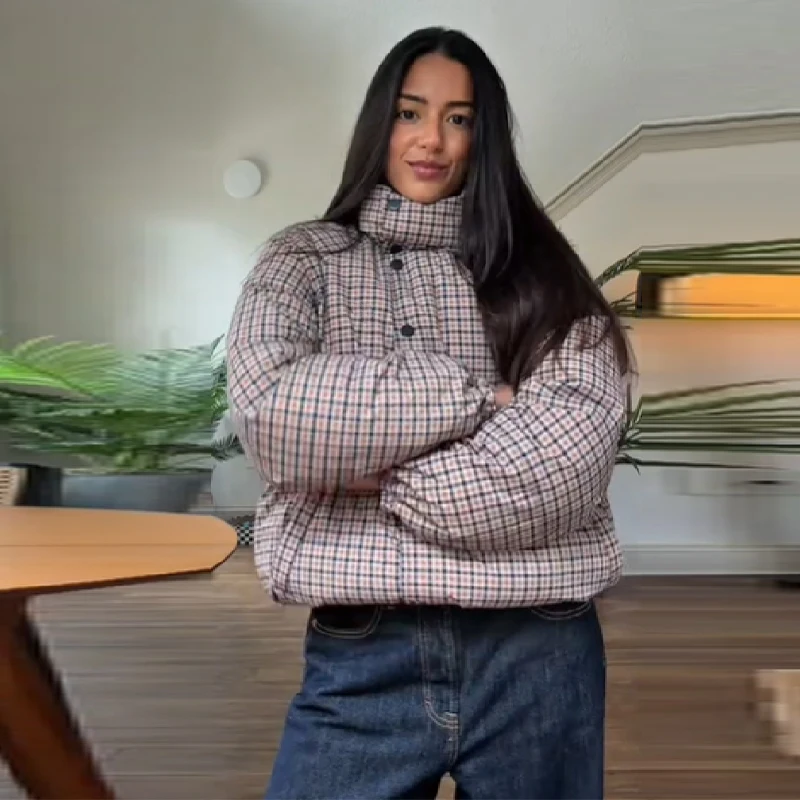 

Fashion Plaid Cotton Padded Coat Versatile Double-sided Full Sleeve Pockets Outerwear 2025 New Lady Autumn Winter Streetwears