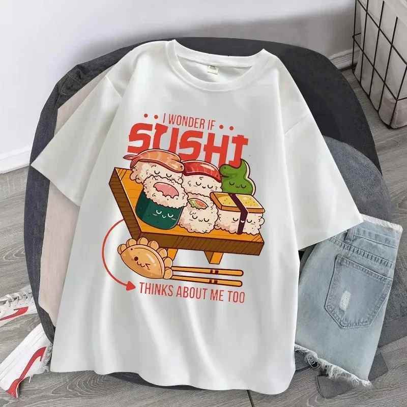 

2024 Summer Woman Casual T-Shirt Harajuku Streetwear Funny Woman Sushi Graphic T Shirt Cotton Japanese Letter Tshirt Unisex Tops