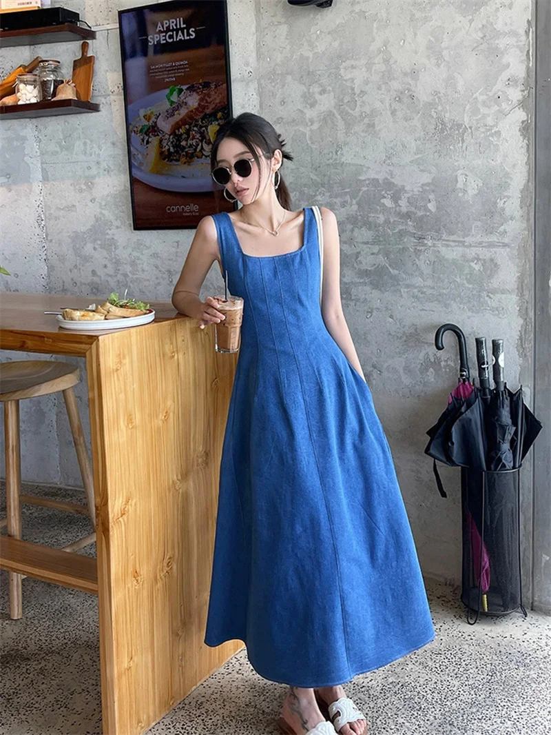YZJNH 2026 Summer New Dress Women's Collar Sleeveless Cowboy Dress High Waist Retract A-line Strap Vest Dress Women