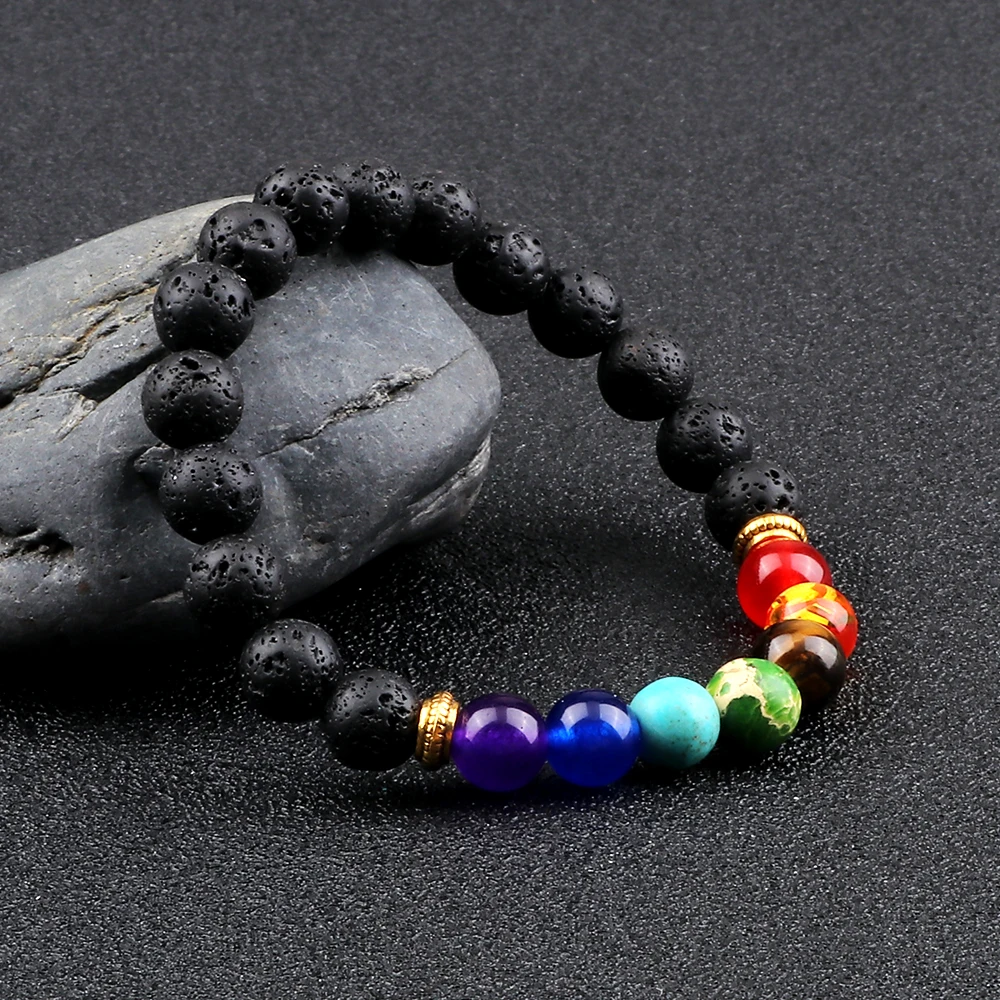 7 Chakra Beaded Bracelets Natural Tiger Eye Stone Black Lava Yoga Healing Bracelet for Women Men Meditation Bangles Jewelry Gift