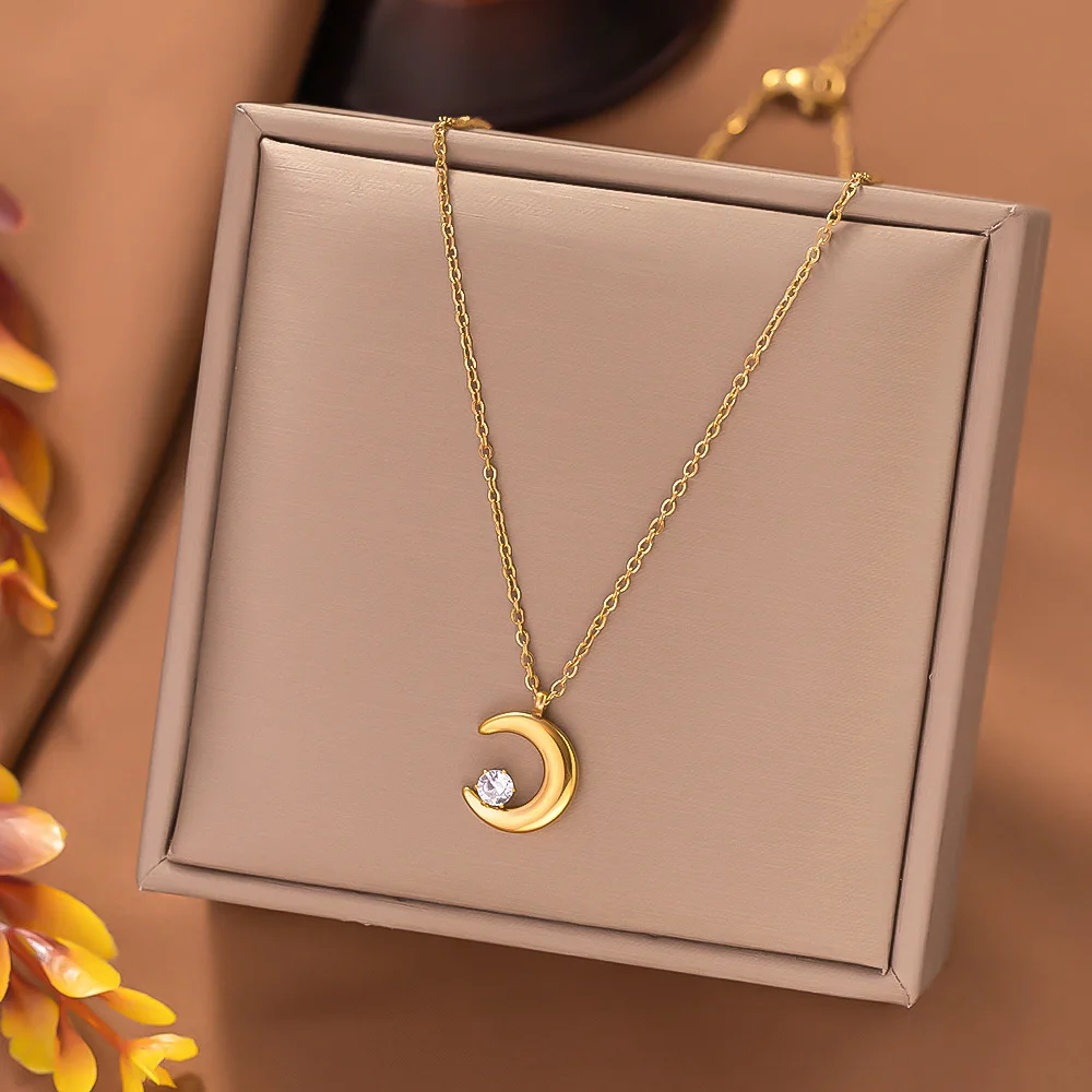 Korean Fashion Moon Pendant Necklace For Women Girl Stainless Steel Gold Color Luxury Zircon Clavicle Chain Wedding Jewelry Gift