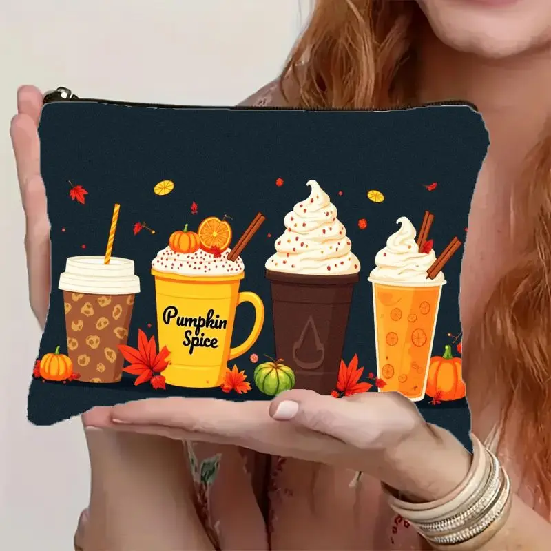 Women's Pumpkin Spice Latte & Coffee Print Cosmetic Bag Fall Autumn Themed Makeup Organizer Lightweight Travel Toiletry Pouch