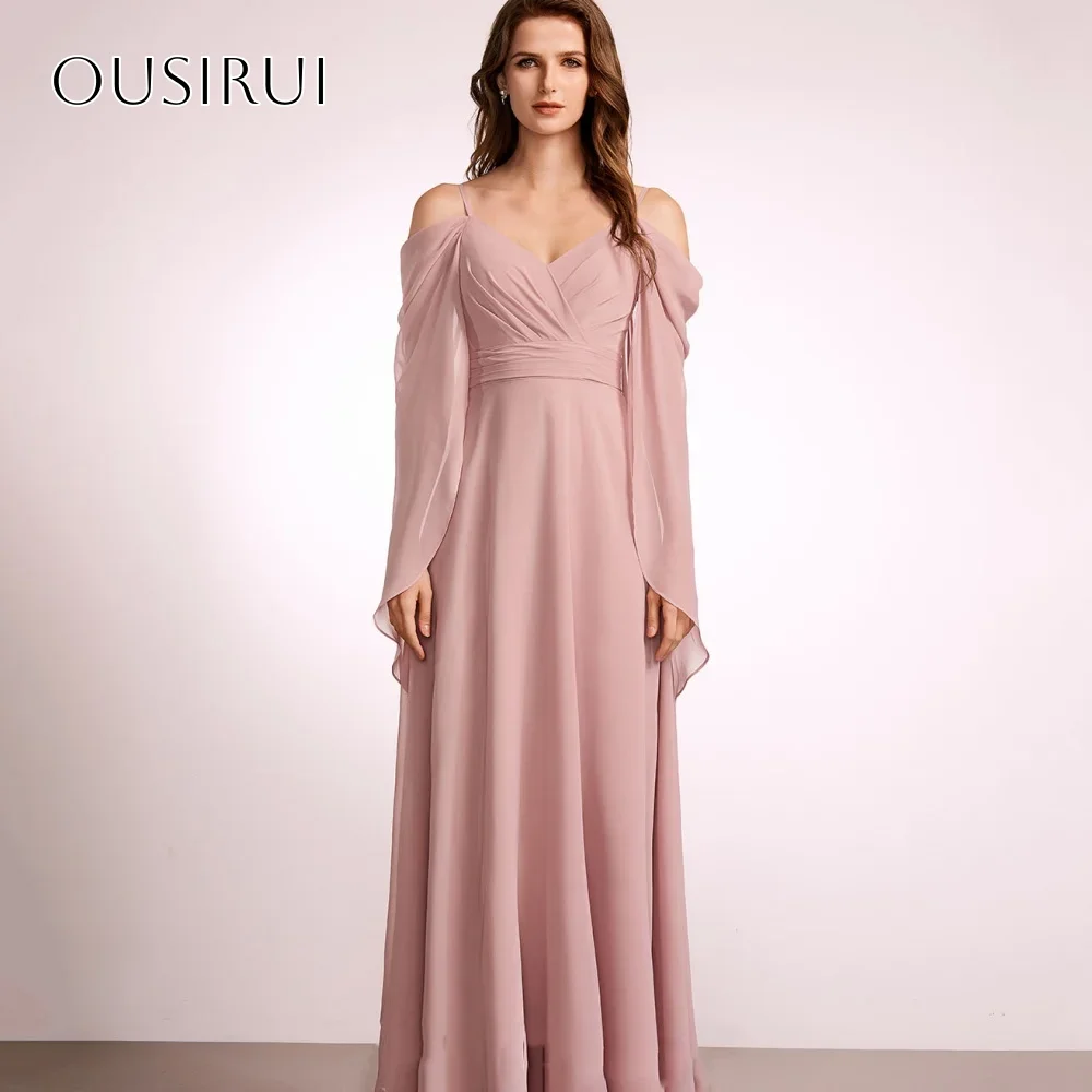 Eenvoudige Spaghettibandjes Chiffon A-lijn Galajurken Voor Vrouwen Lange Mouwen Avondjurken Aangepaste فسات Mohamed