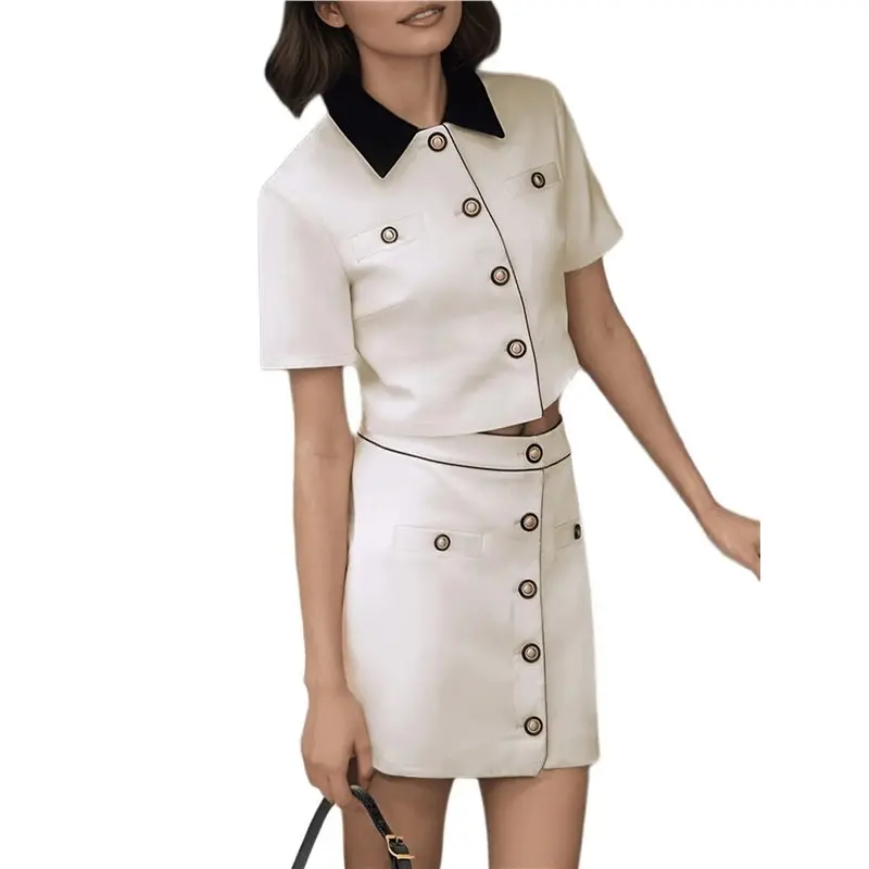 CYL-Women's 2 Piece Skirt Suits Short Sleeve Blazer Jacket And Skirts Business Casual Outfits