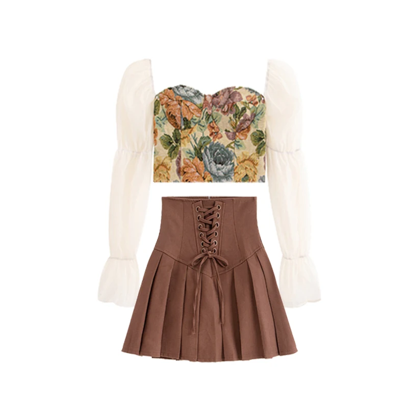 

Vintage Sweet Boho Two-Piece Set with Oil Painting Print & Puff Sleeve - Artistic Floral Pleated Skirt Outfit