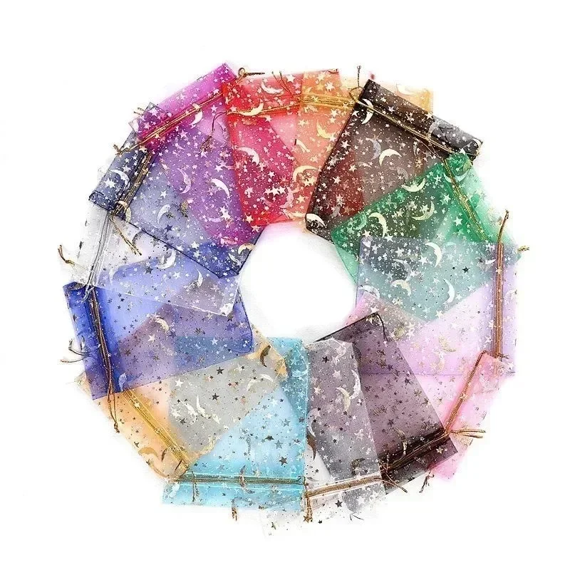50/100pcs Moon Star Organza Gift Bags Multicolor Mesh Pouches for Christmas Wedding Party Candy Gift Packing Bags Wholesale
