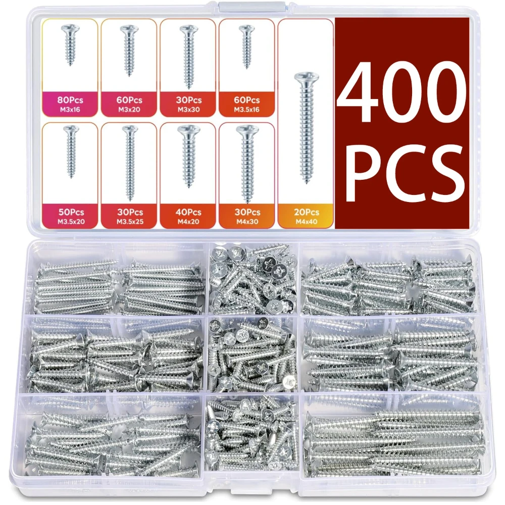 

400 шт., оцинкованные винты с потайной головкой, набор саморезов из углеродистой стали, комбинированный комплект винтов по дереву с плоской головкой