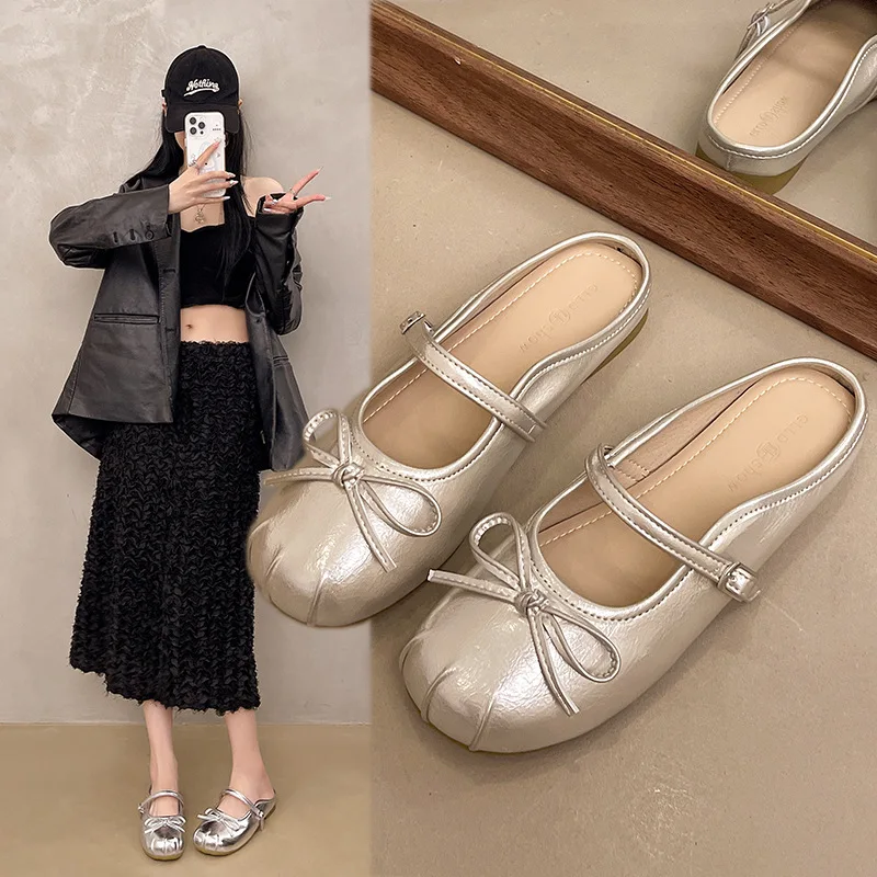 

Silver Knot Mary Jane Head Cover Half Slippers Women's Summer Outdoor Wear Slip-On Lazy Flat Sandals French Style