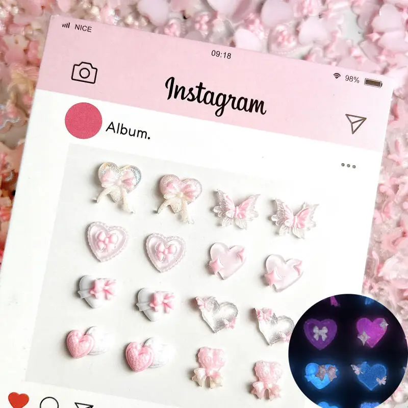 30PCS Double Heart Butterfly Pink Series Nail Art Charms Luminous Translucent Bow Four-pointed Star  Resin Nail Decorations DIY
