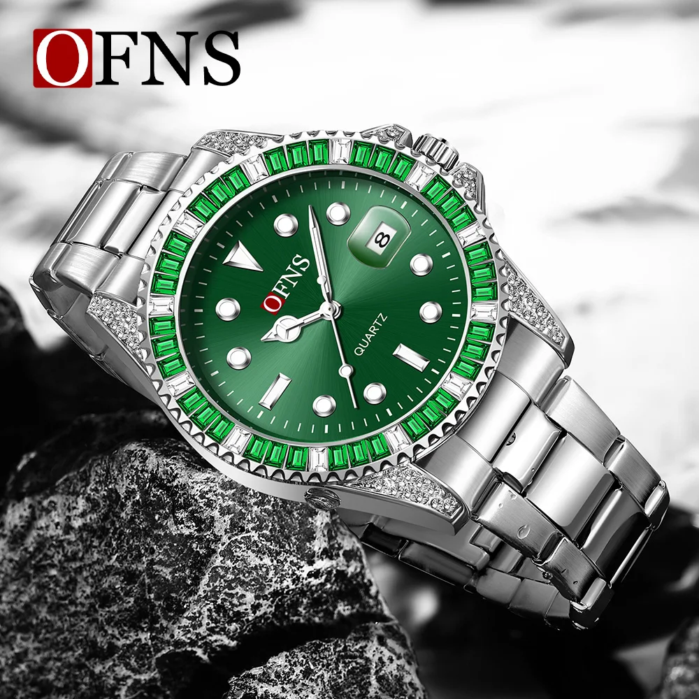 OFNS7101ファッションメンズ腕時計グリーンウォーターゴーストカレンダークォーツ腕時計ナイトライト防水ダイヤモンド象嵌メンズ腕時計