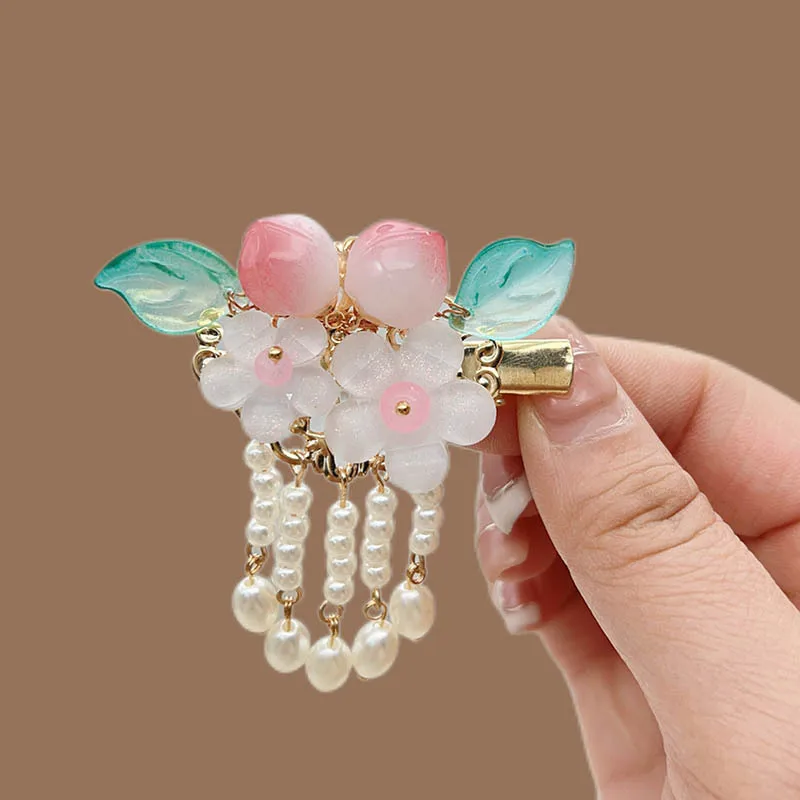 دبابيس شعر هانفو، دبابيس شعر على شكل زهرة الخوخ اللطيفة، إكسسوارات شعر بشرابة لؤلؤية على الطراز القديم للسيدات، مشابك جانبية، مشابك منقار البط #2