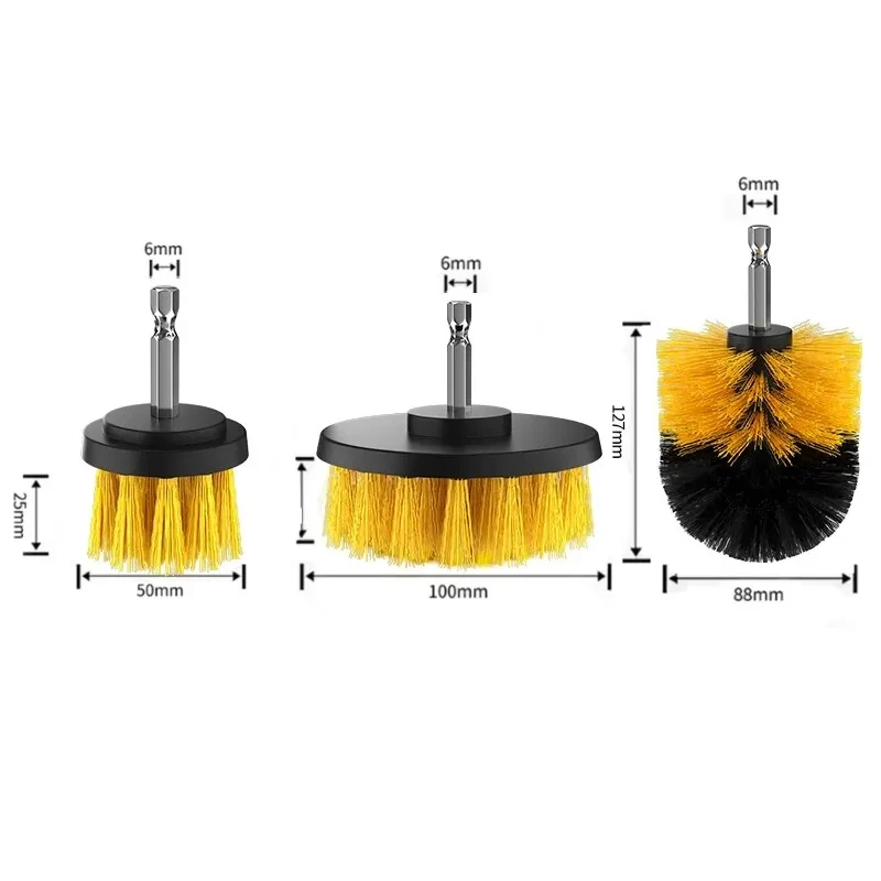 UNTIOR 3 Teile/satz Elektrische Wäscher Pinsel Bohrer Pinsel Kit Kunststoff Runde Reinigung Pinsel Für Teppich Glas Auto Reifen Nylon Pinsel