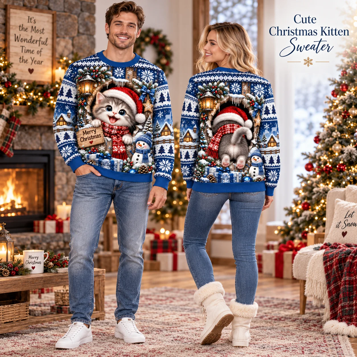 Hot Cute Kitten Ugly Christmas Sweater For Men Women, Snowy Holiday Sweaters With Santa Cat Winter Party Gift