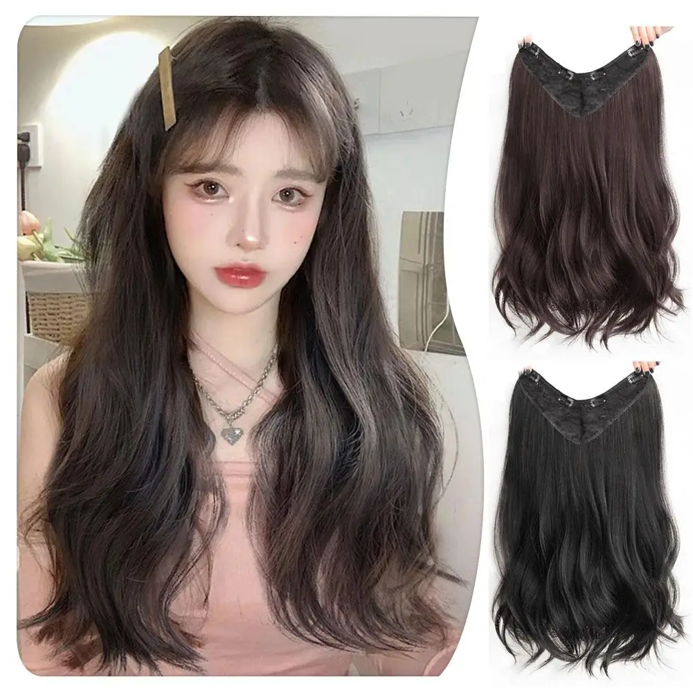 Women\'s V-shaped Micro-curly Long Hair Extension Synthetic Wig One-piece Hair Extension Piece Fluffy Increase Hair Volume