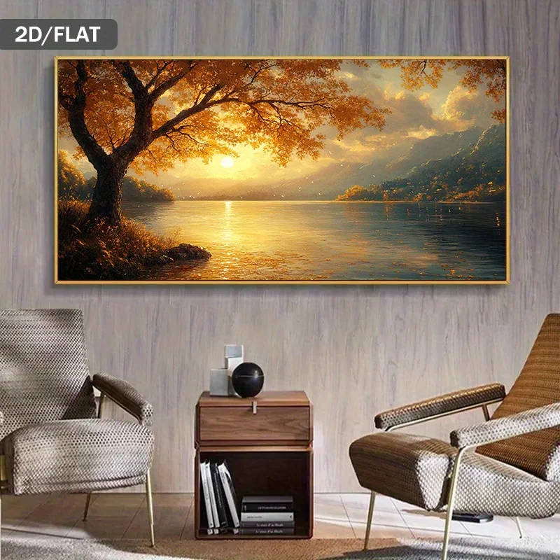 1pc frameless Canvas Painting 2D Flat 1pc Modern Golden Sunset Lake Canvas Wall Art Painting, Frameless Abstract Canvas Prints f