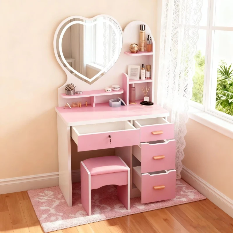 Modern Nordic style smart dressing table with LED lighting mirror and storage drawers, suitable for bedroom dressers in small
