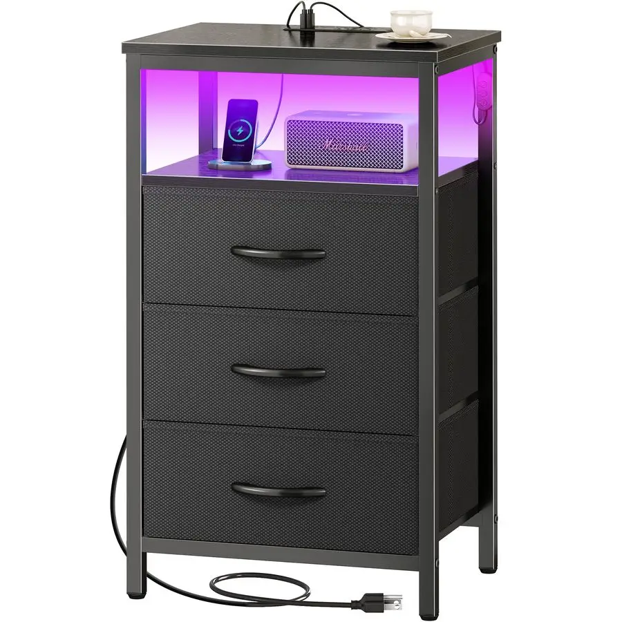 

Night Stand with Charger Station and LED Lights, 3 Drawer Nightstand, Bed Side Table with Open Shelf, End Table, Tall Fabric Dr