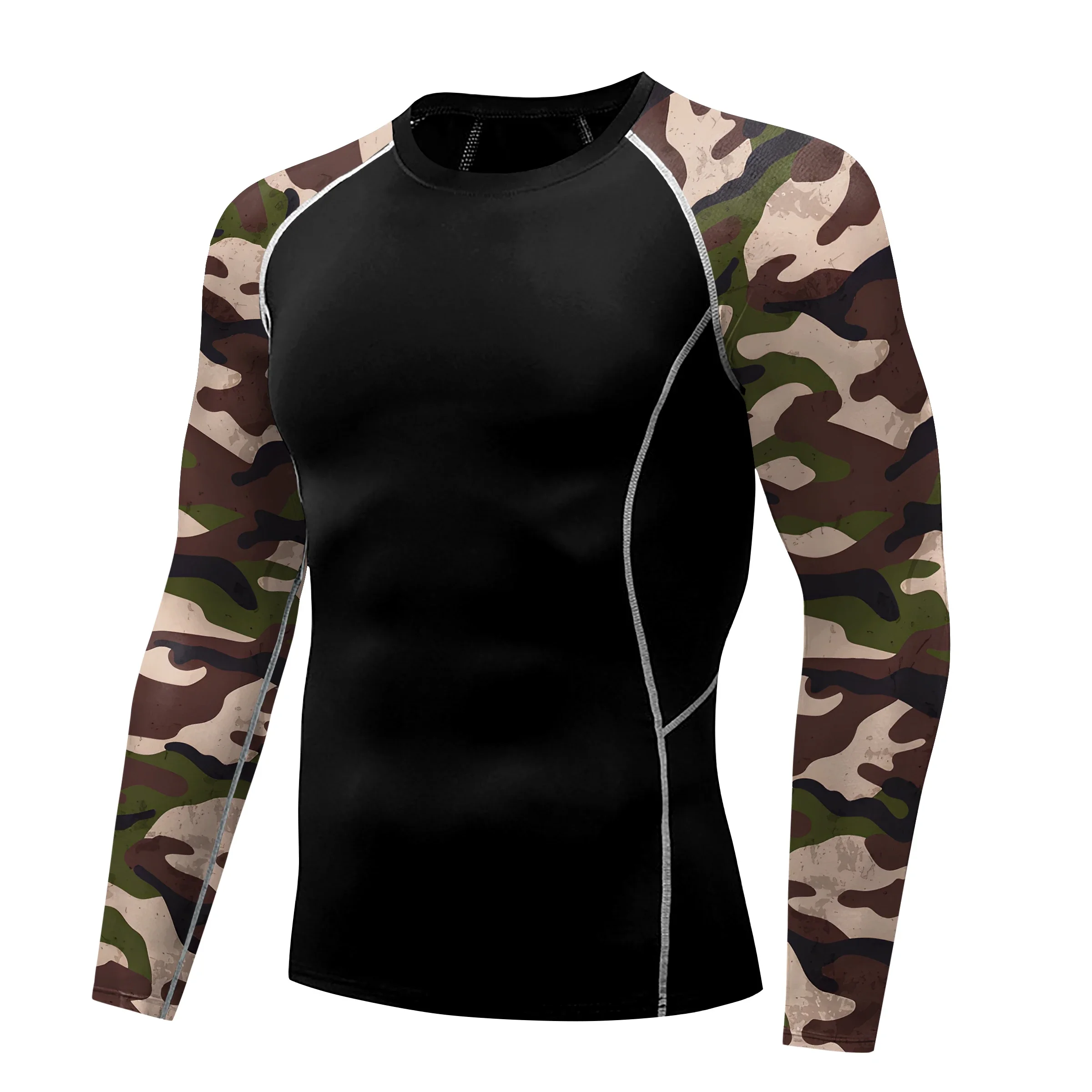 Camouflage Shirt for Men Long Sleeve Gym Shirt Crewneck Elasticity Work Out Tee Summer Fitness Outfit Quickly Dry Male Clothing