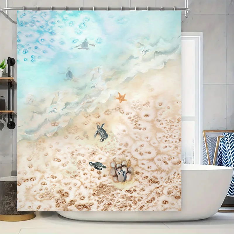 

Oceanic Adventure Shower Curtain Beach Scene with Starfish Sea Turtles in Soft Pastel Colors for Your Bathroom Decor