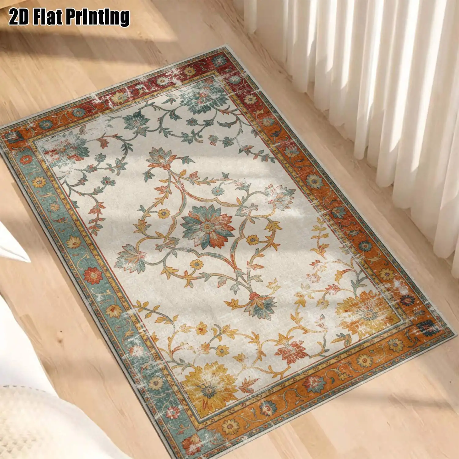 1Pc 2D Printed Warm-Toned Retro Floral Carpet, European-Style Home Decor Rug, Multi-Size Machine Washable, Suitable for Entrance/Dining/Foyer/Bedroom/Study/Living Room