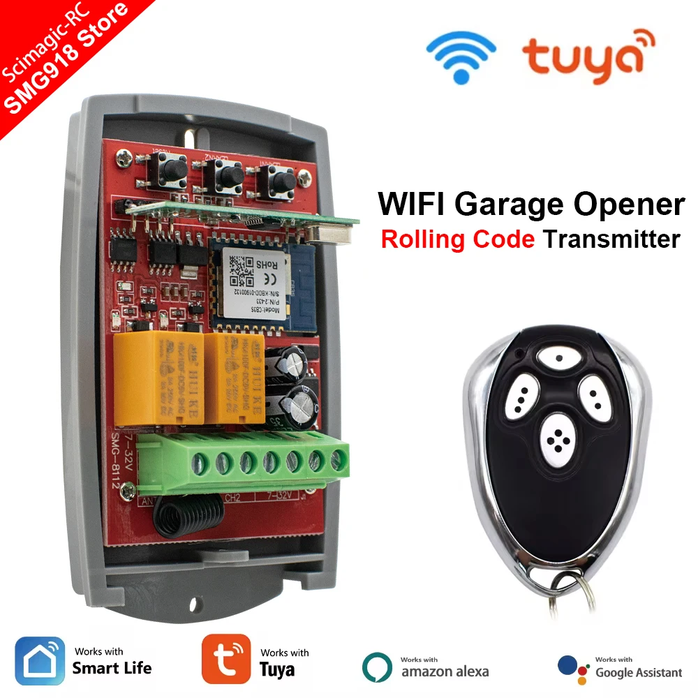 

2CH Tuya WiFi Smart Garage Door Opener Remote Control Fixed&Rolling Code 433.92mhz 433mhz Universal Receiver Controller Switch