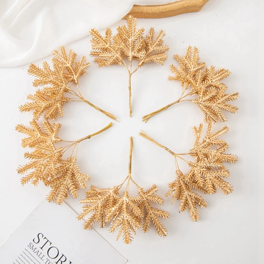 

6Pcs Artificial Plants Golden Fake Branch With Frost For Christmas Tree Decoration Material Home Wedding Flower Arch Accessories