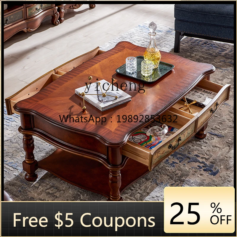 painted all solid wood retro coffee table living room home large apartment drawer solid wood color double layer hollow